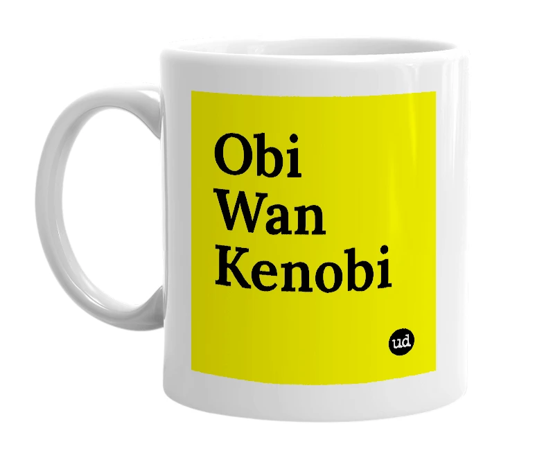 White mug with 'Obi Wan Kenobi' in bold black letters