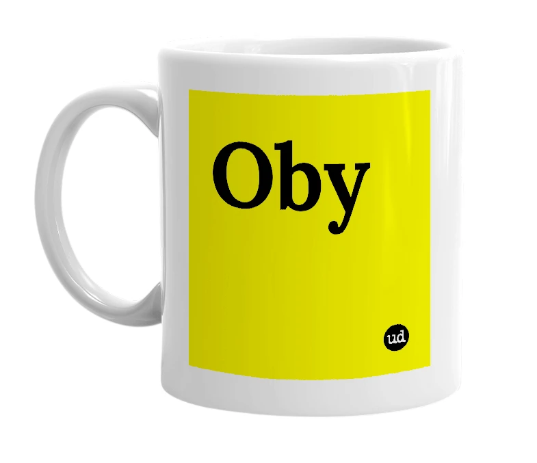 White mug with 'Oby' in bold black letters
