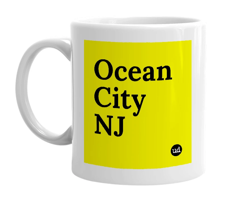 White mug with 'Ocean City NJ' in bold black letters
