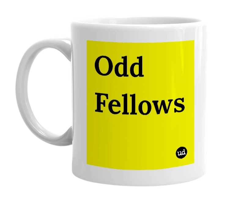 White mug with 'Odd Fellows' in bold black letters