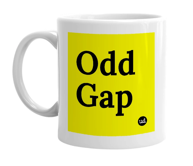 White mug with 'Odd Gap' in bold black letters