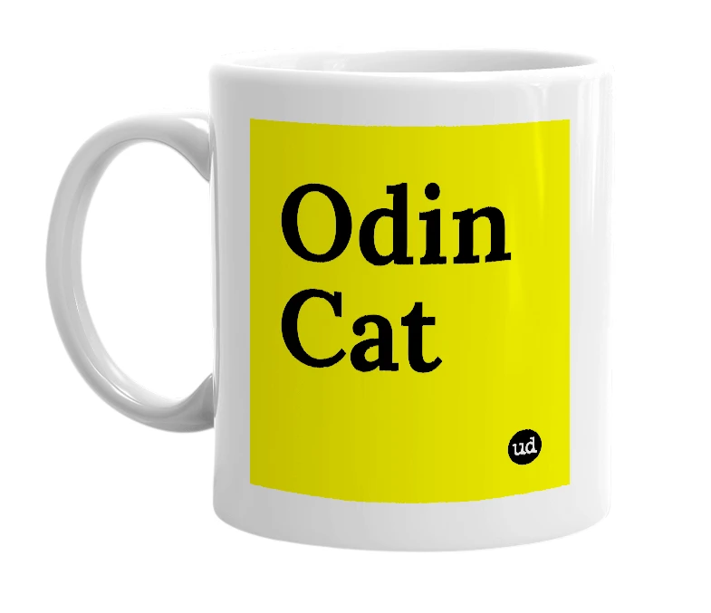 White mug with 'Odin Cat' in bold black letters