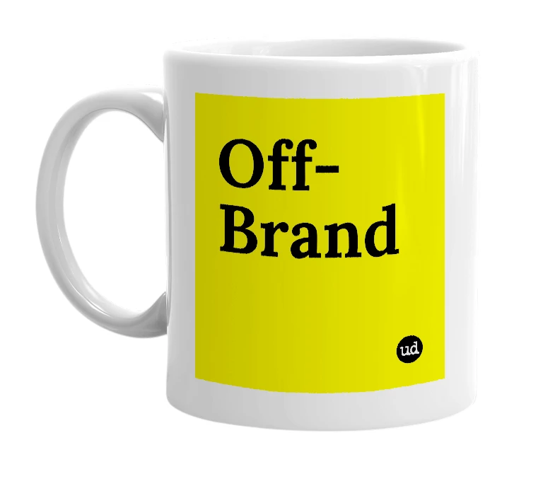 White mug with 'Off-Brand' in bold black letters
