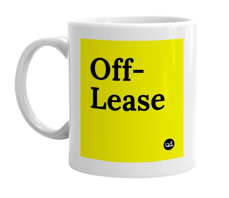 White mug with 'Off-Lease' in bold black letters