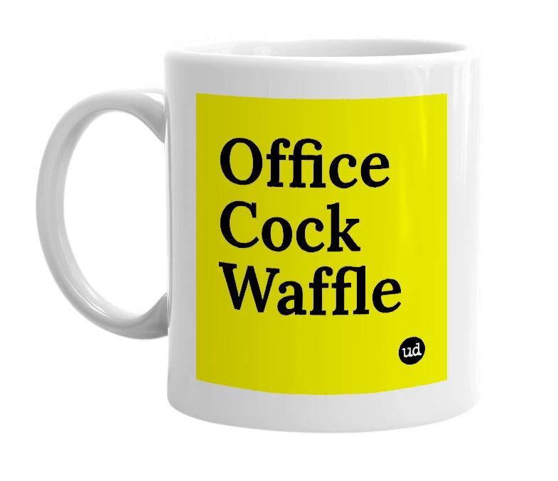 White mug with 'Office Cock Waffle' in bold black letters
