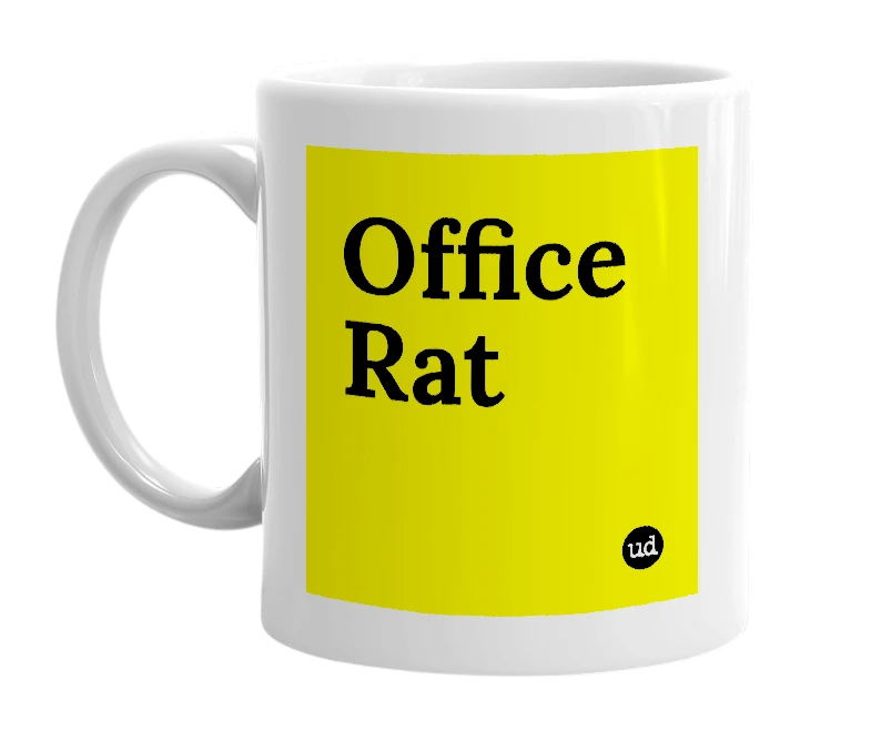 White mug with 'Office Rat' in bold black letters