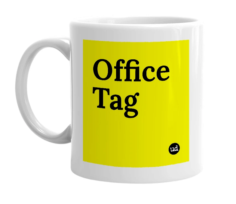 White mug with 'Office Tag' in bold black letters