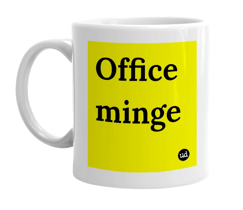 White mug with 'Office minge' in bold black letters