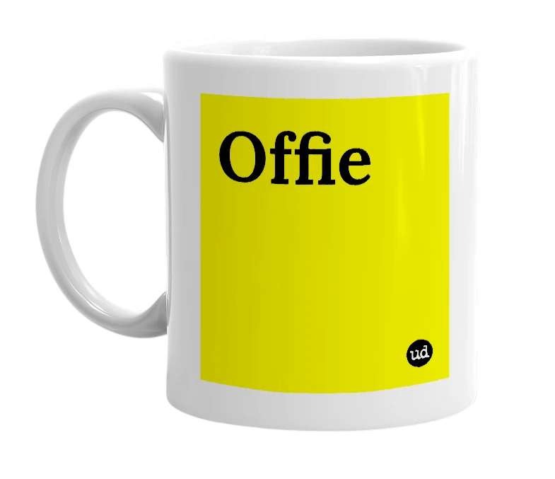 White mug with 'Offie' in bold black letters