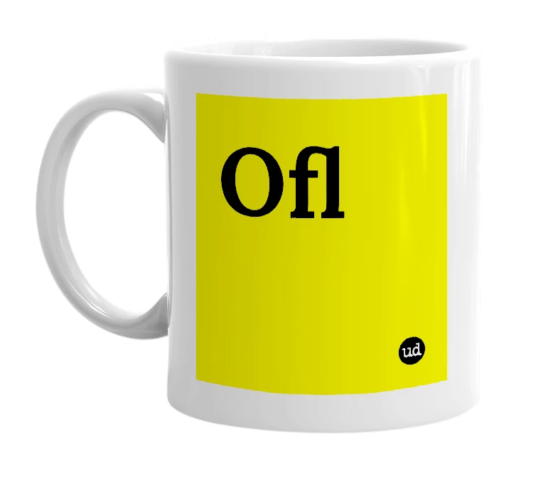 White mug with 'Ofl' in bold black letters