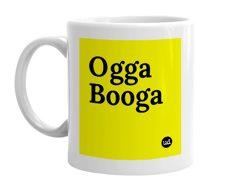 White mug with 'Ogga Booga' in bold black letters
