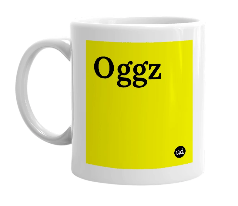White mug with 'Oggz' in bold black letters