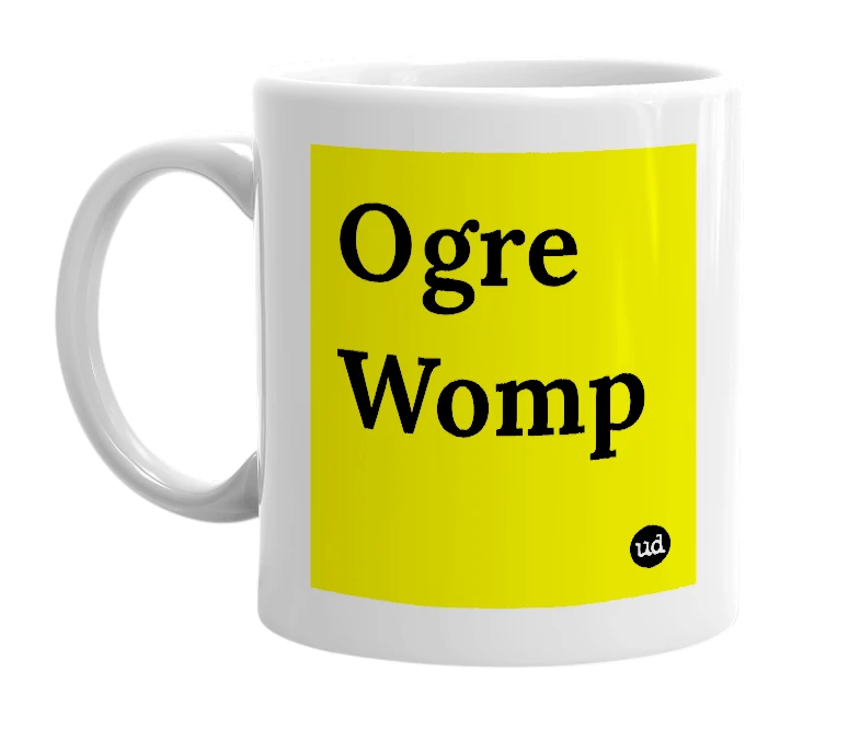 White mug with 'Ogre Womp' in bold black letters
