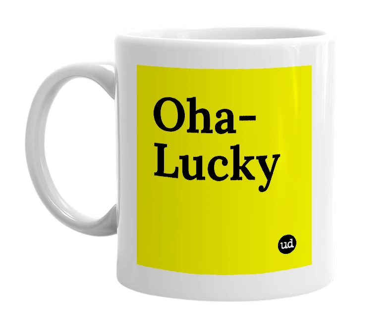 White mug with 'Oha-Lucky' in bold black letters