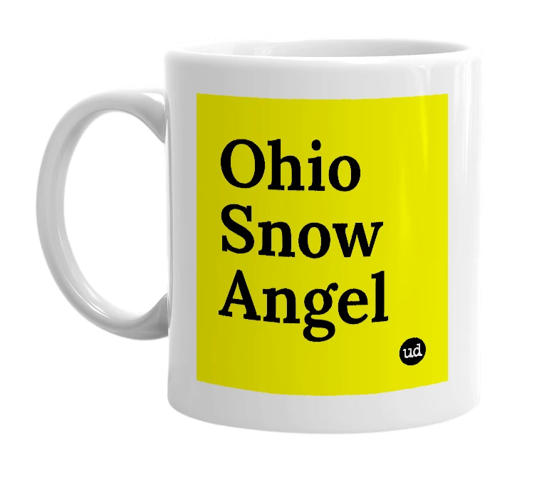 White mug with 'Ohio Snow Angel' in bold black letters