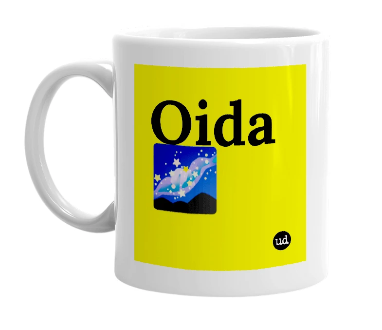 White mug with 'Oida 🌌' in bold black letters