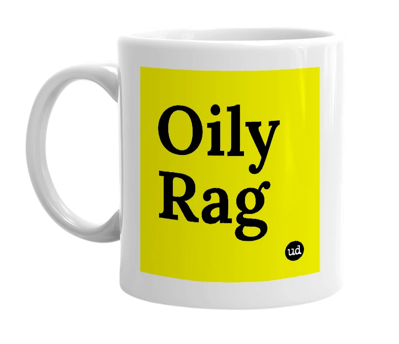 White mug with 'Oily Rag' in bold black letters