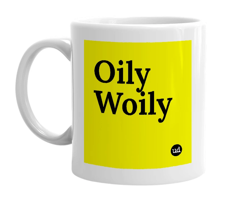 White mug with 'Oily Woily' in bold black letters