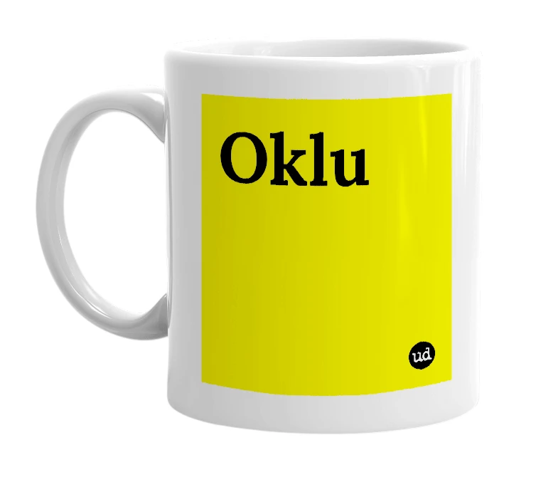 White mug with 'Oklu' in bold black letters