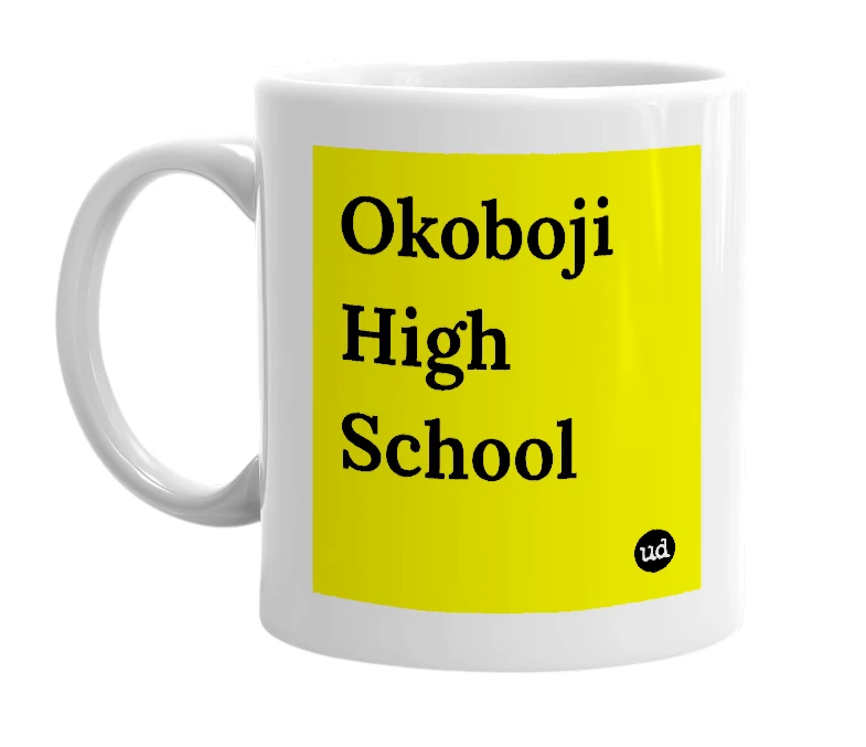 White mug with 'Okoboji High School' in bold black letters