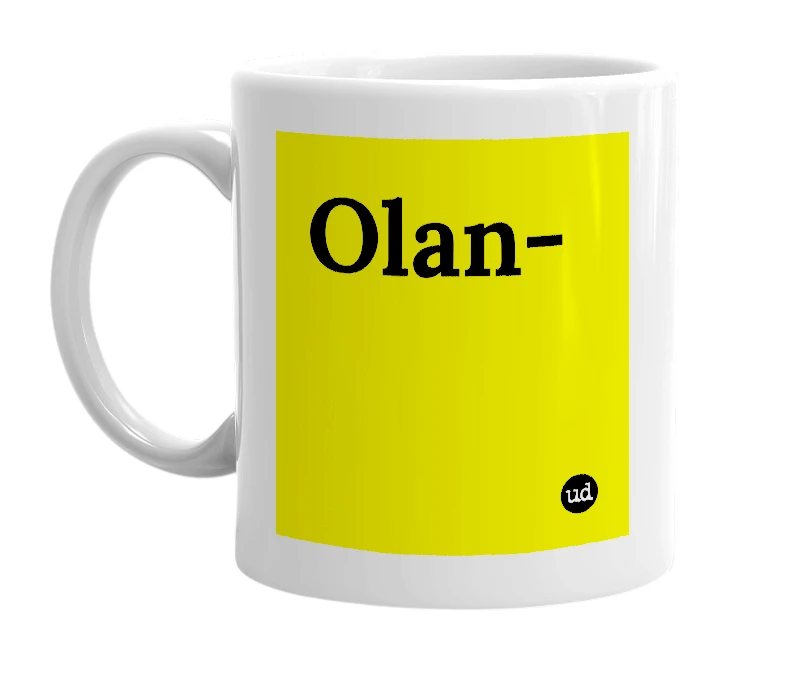 White mug with 'Olan-' in bold black letters