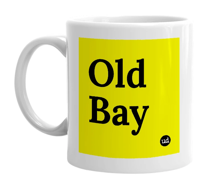 White mug with 'Old Bay' in bold black letters