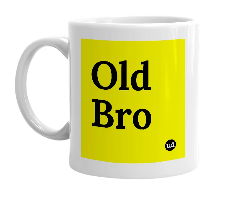 White mug with 'Old Bro' in bold black letters