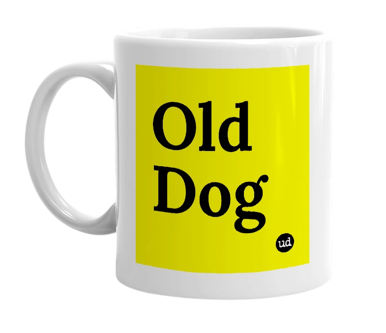 White mug with 'Old Dog' in bold black letters