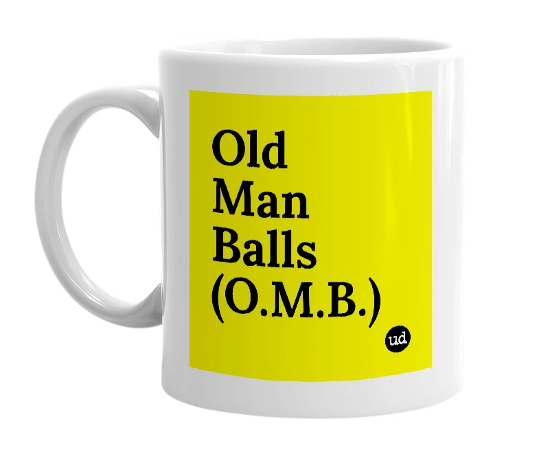 White mug with 'Old Man Balls (O.M.B.)' in bold black letters