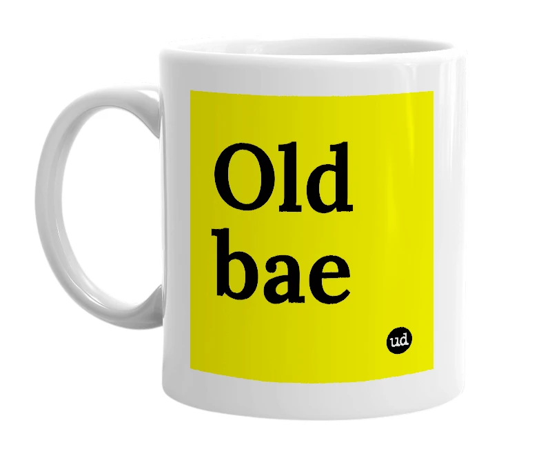 White mug with 'Old bae' in bold black letters