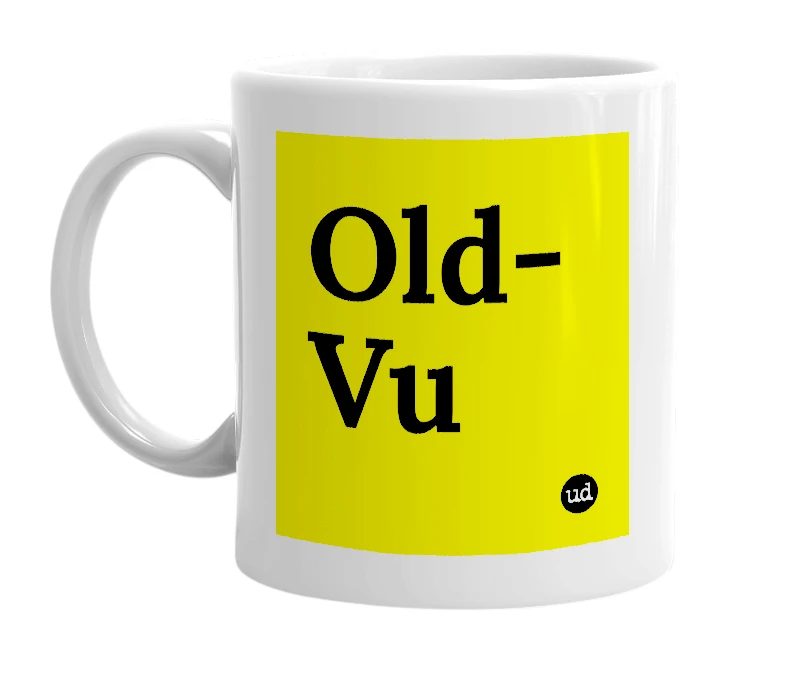 White mug with 'Old-Vu' in bold black letters