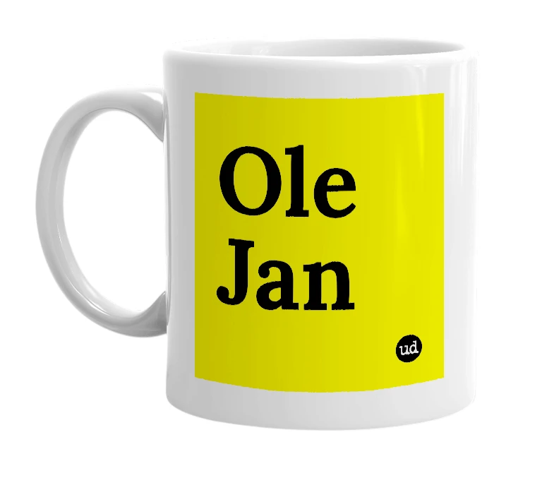 White mug with 'Ole Jan' in bold black letters