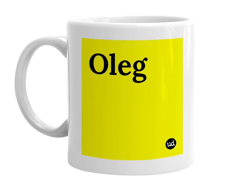 White mug with 'Oleg' in bold black letters