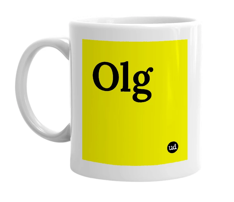 White mug with 'Olg' in bold black letters