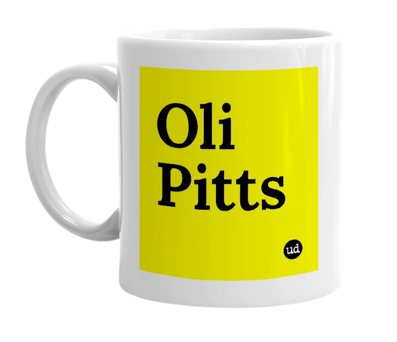 White mug with 'Oli Pitts' in bold black letters
