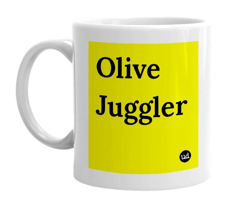 White mug with 'Olive Juggler' in bold black letters