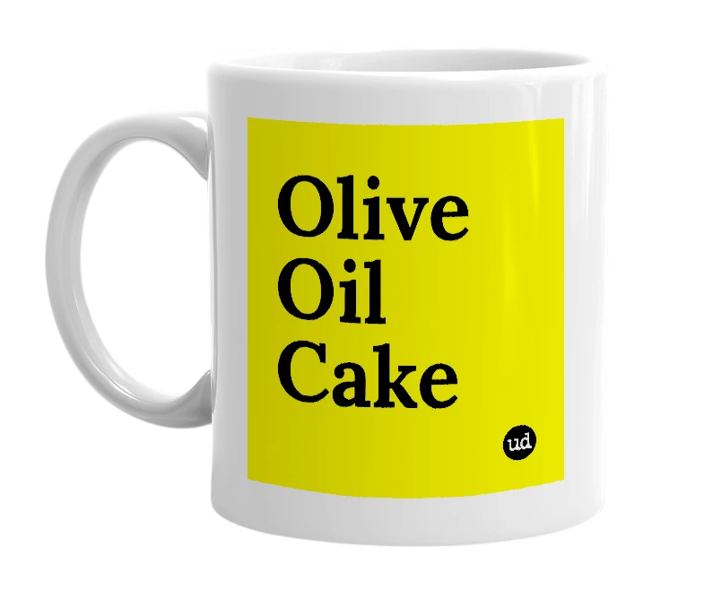 White mug with 'Olive Oil Cake' in bold black letters