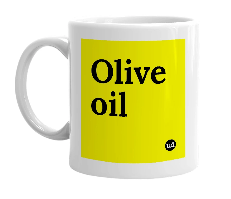 White mug with 'Olive oil' in bold black letters