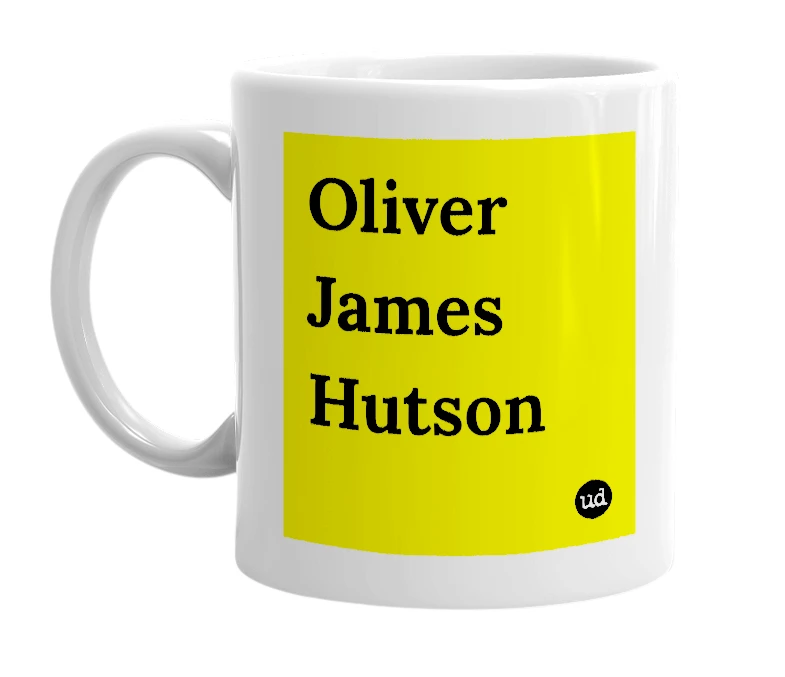 White mug with 'Oliver James Hutson' in bold black letters