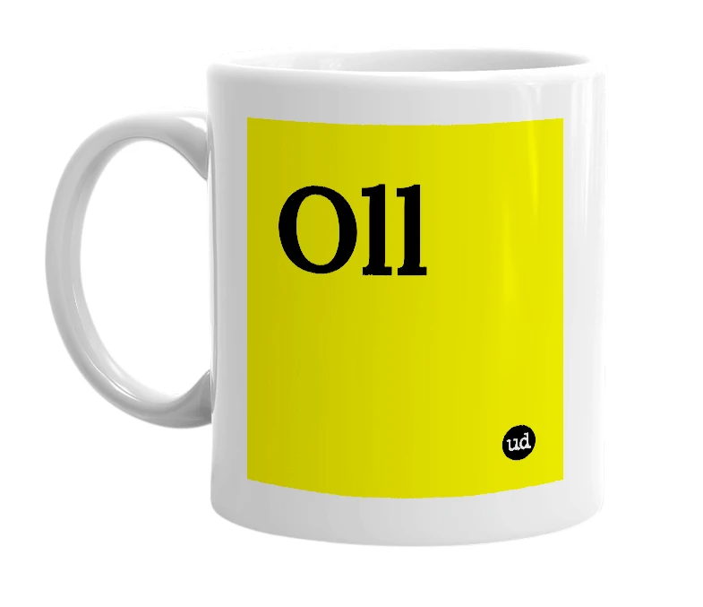 White mug with 'Oll' in bold black letters