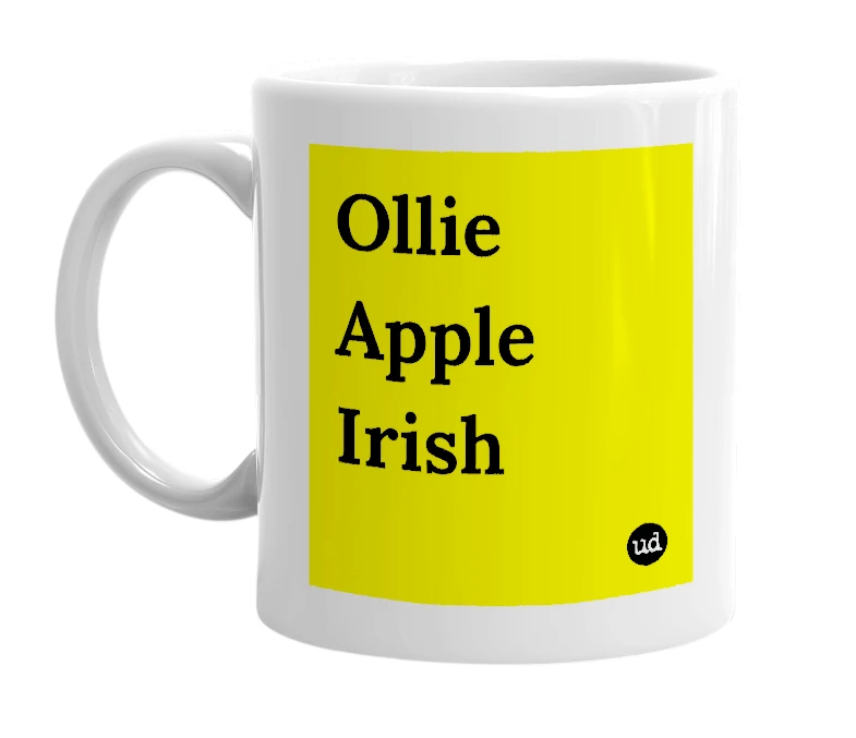 White mug with 'Ollie Apple Irish' in bold black letters