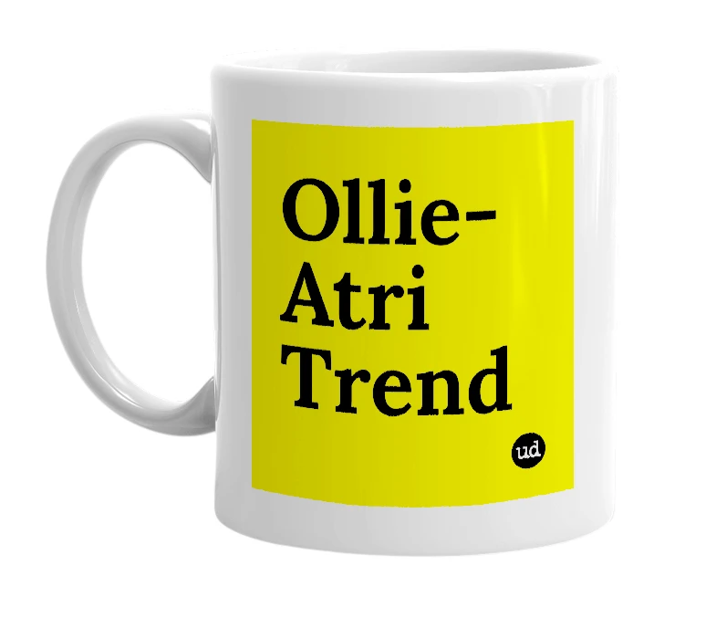 White mug with 'Ollie-Atri Trend' in bold black letters