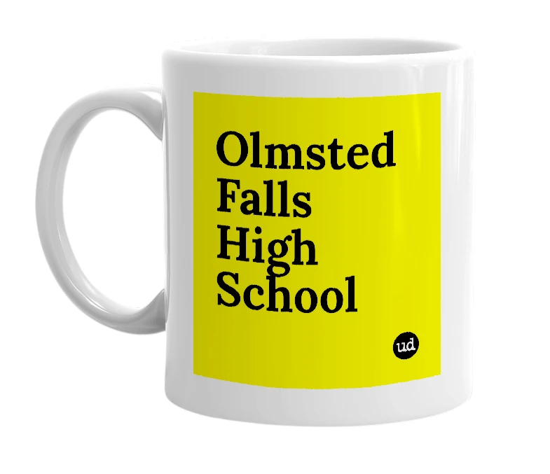 White mug with 'Olmsted Falls High School' in bold black letters