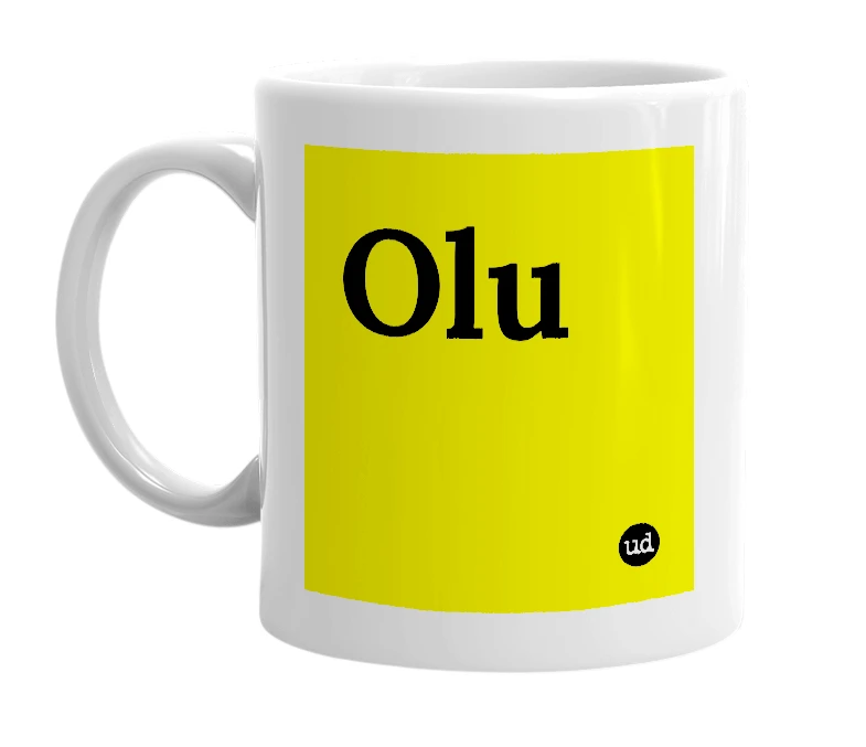 White mug with 'Olu' in bold black letters