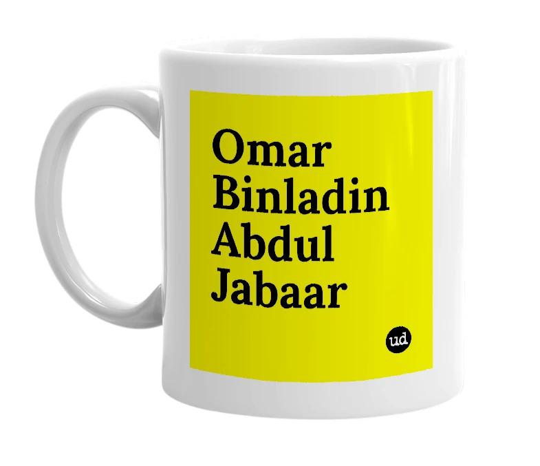 White mug with 'Omar Binladin Abdul Jabaar' in bold black letters