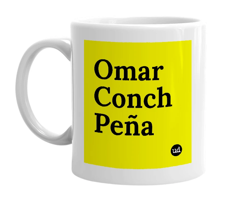 White mug with 'Omar Conch Peña' in bold black letters