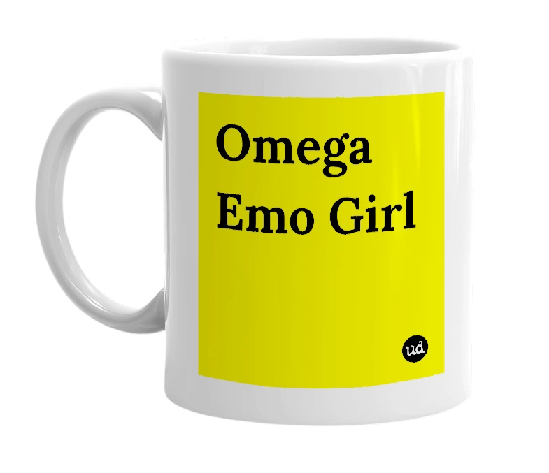 White mug with 'Omega Emo Girl' in bold black letters