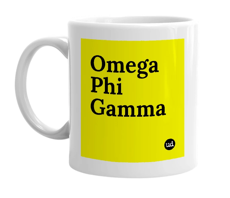 White mug with 'Omega Phi Gamma' in bold black letters