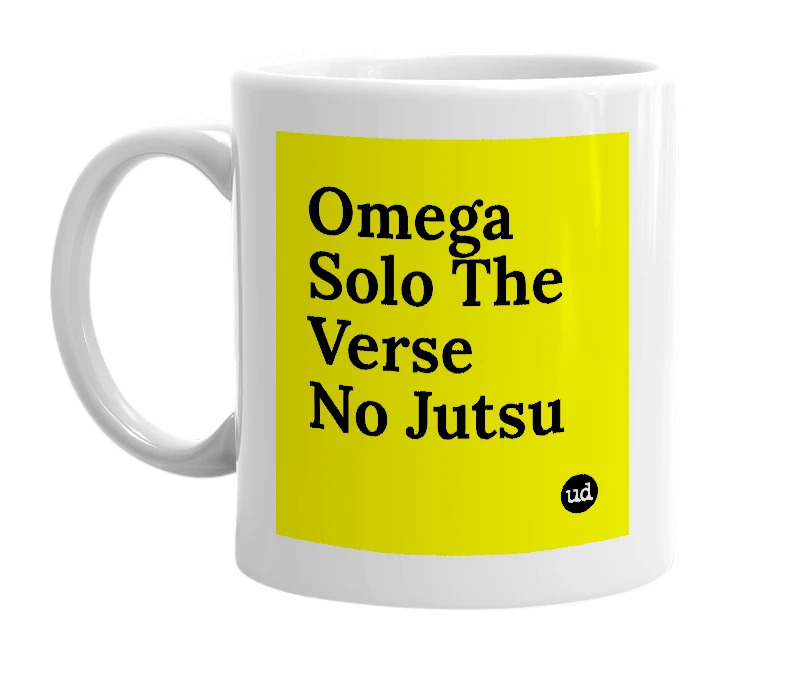 White mug with 'Omega Solo The Verse No Jutsu' in bold black letters