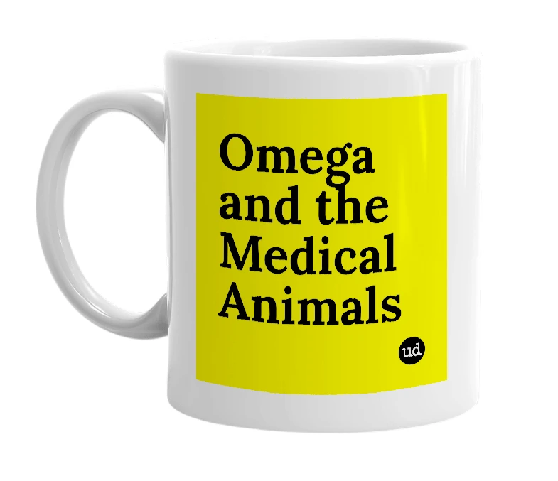 White mug with 'Omega and the Medical Animals' in bold black letters